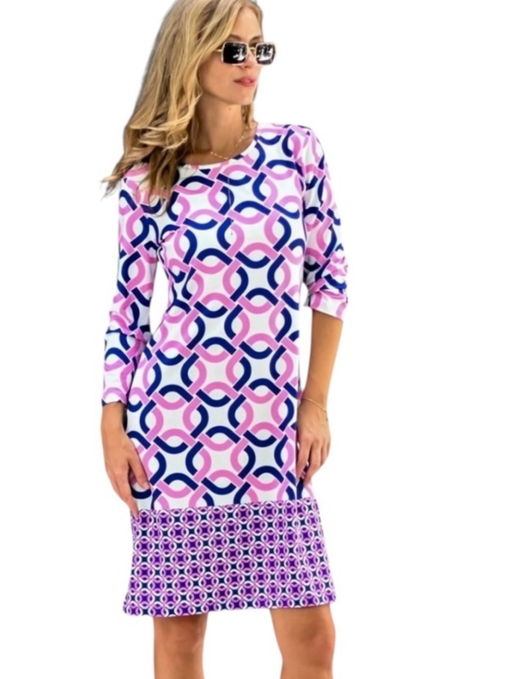 Jean-Pierre Klifa Daphne Pink Blue Chainlink 3/4 Sleeve Shift Dress Size Small